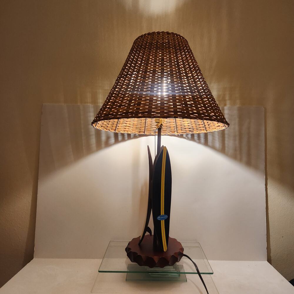 Vintage Coastal Surf 2004 Pacific Coast Wooden Surf Board Lamp rattan Shade